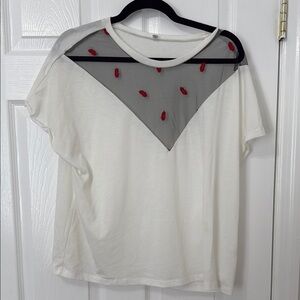 White Tee with Sheer Black Panel and Red Embroidery